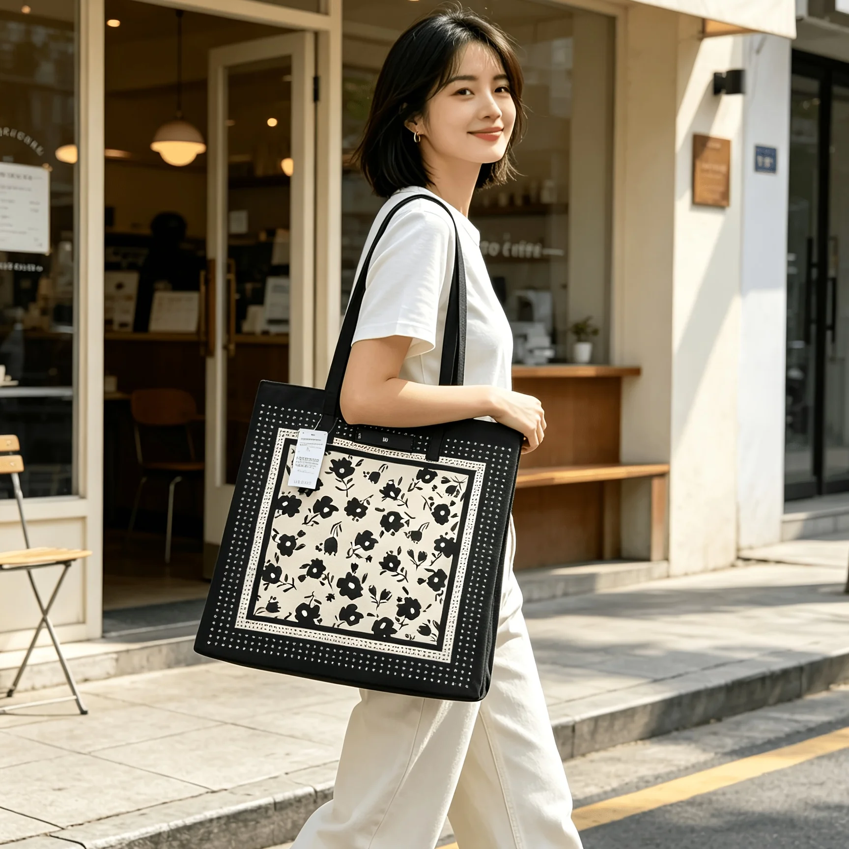 Women'S Large-Capacity Tote Bag, Floral Scarf Print Shoulder Strap, Black Ivory Casual Shoulder Bag, Suitable For Commuting, School, Daily Use, Outdoor Activities, Spring, Summer, And Autumn, Now On 30% Off Discount