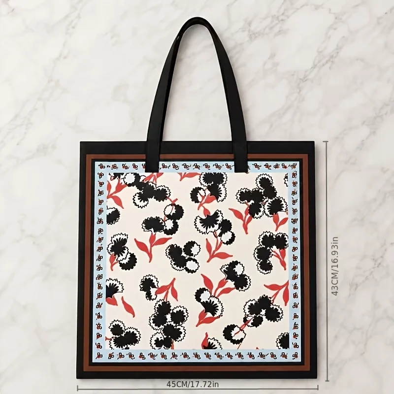 Women'S Large-Capacity Tote Bag, Floral Scarf Print Shoulder Strap, Black Ivory Casual Shoulder Bag, Suitable For Commuting, School, Daily Use, Outdoor Activities, Spring, Summer, And Autumn, Now On 30% Off Discount