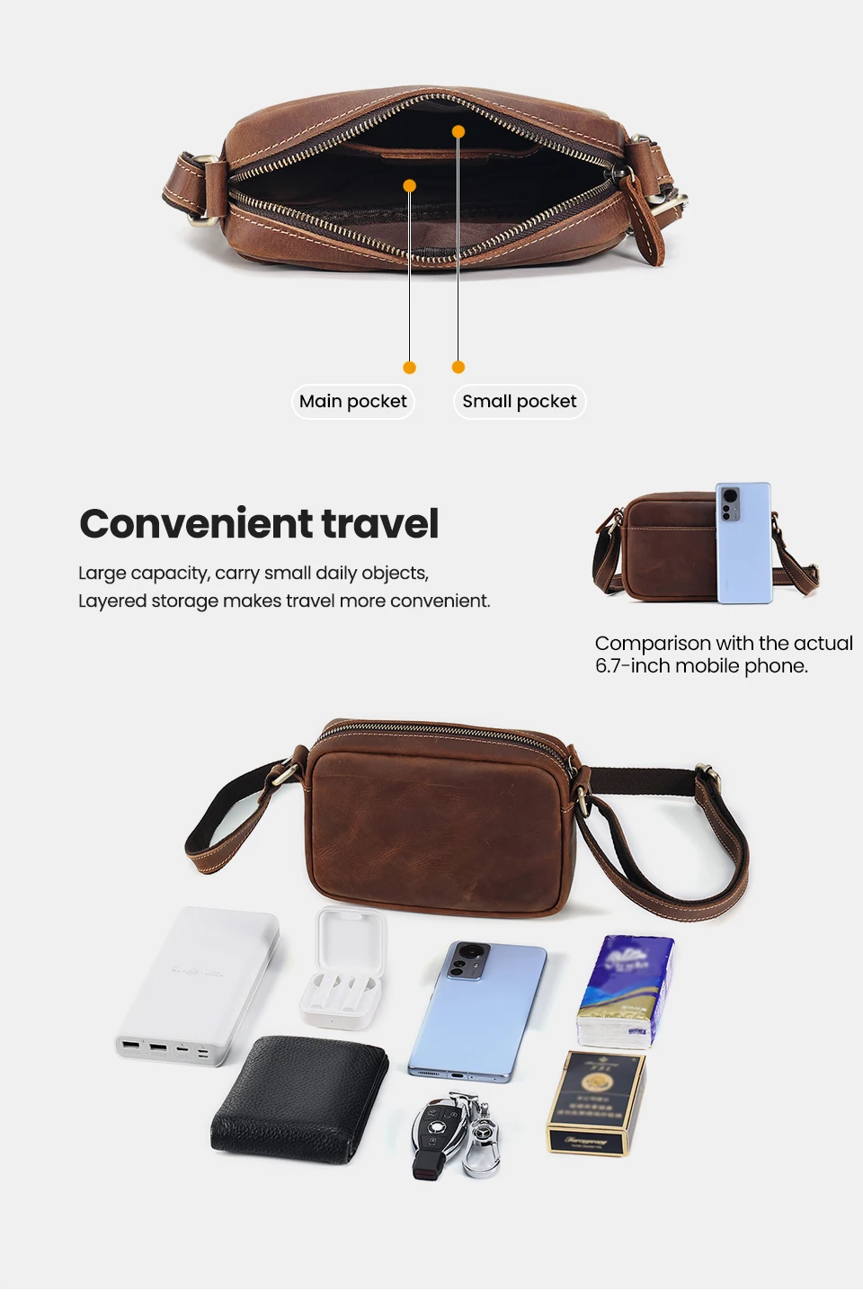 JOYIR Genuine Leather Mini Messenger Bag Travel Crossbody Bag for Women Men Cell Phone Purse Trave Satchel Shoulder Bags