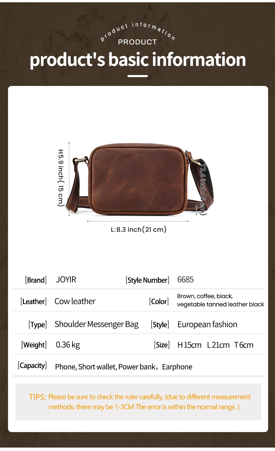 JOYIR Genuine Leather Mini Messenger Bag Travel Crossbody Bag for Women Men Cell Phone Purse Trave Satchel Shoulder Bags