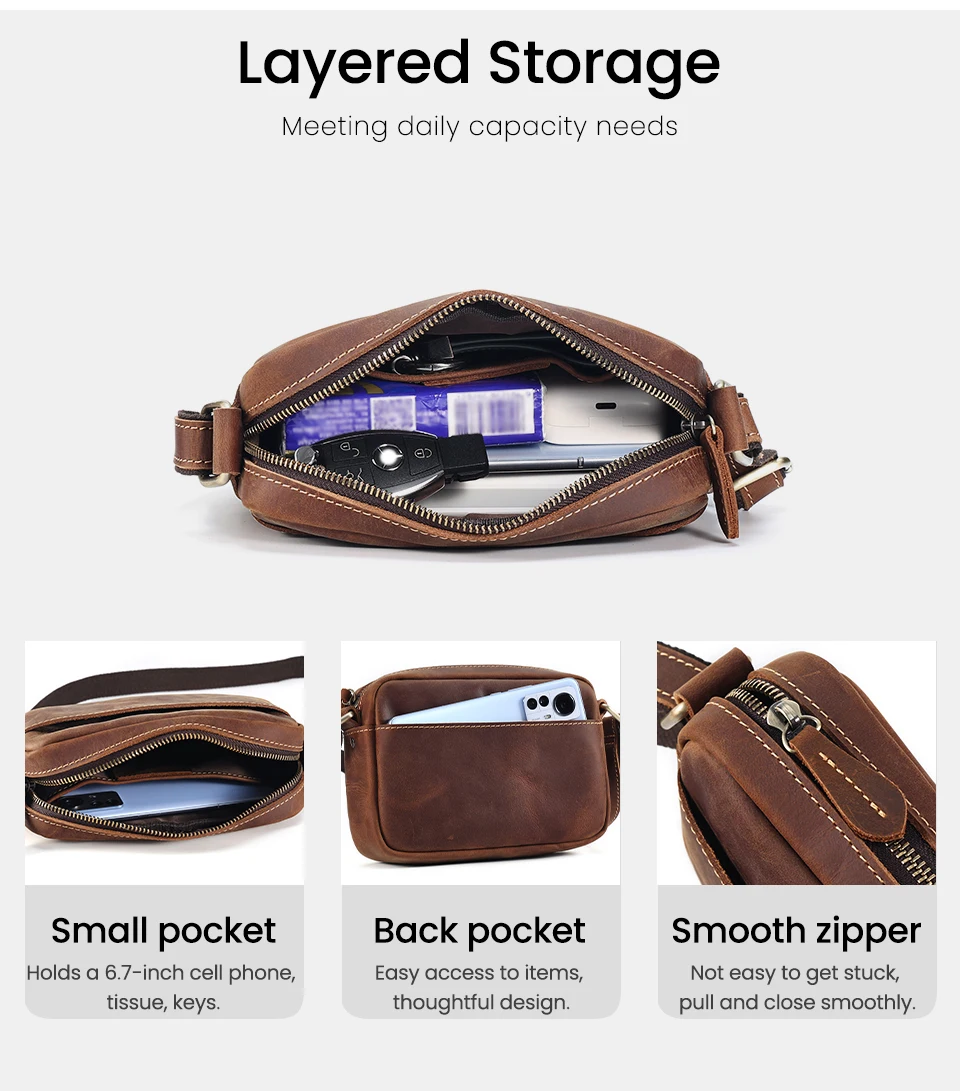 JOYIR Genuine Leather Mini Messenger Bag Travel Crossbody Bag for Women Men Cell Phone Purse Trave Satchel Shoulder Bags
