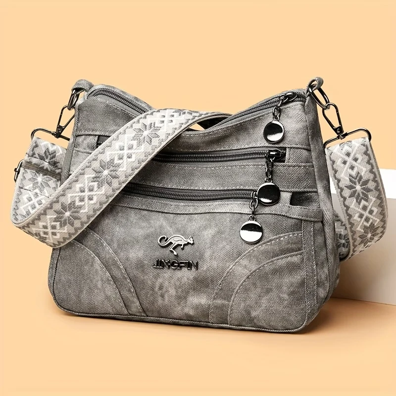 Women Vintage Grey Canvas Shoulder Bag Multi Pocket Crossbody Messenger Bag with Patterned Strap Casual Hobo Handbag for Daily