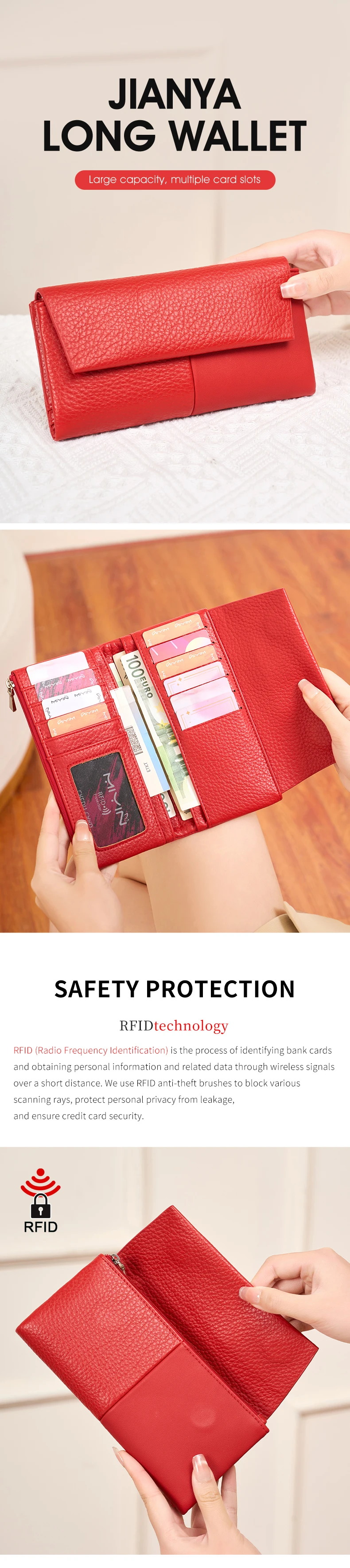 Stylish Women's Wallet Soft PU Leather Long Magnetic Clasp Wallet RFID Multi-Functional Clutch Double Zipper Tri-Fold Coin Purse