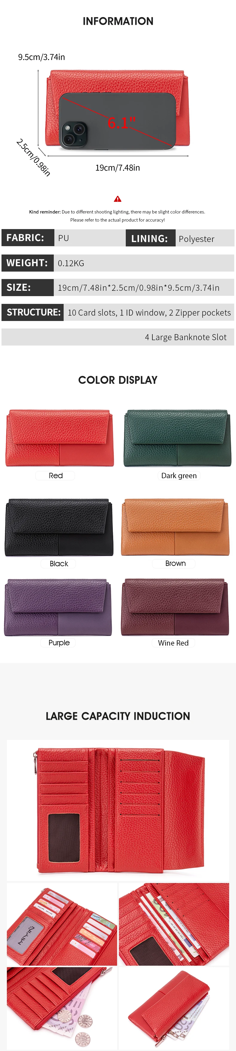 Stylish Women's Wallet Soft PU Leather Long Magnetic Clasp Wallet RFID Multi-Functional Clutch Double Zipper Tri-Fold Coin Purse