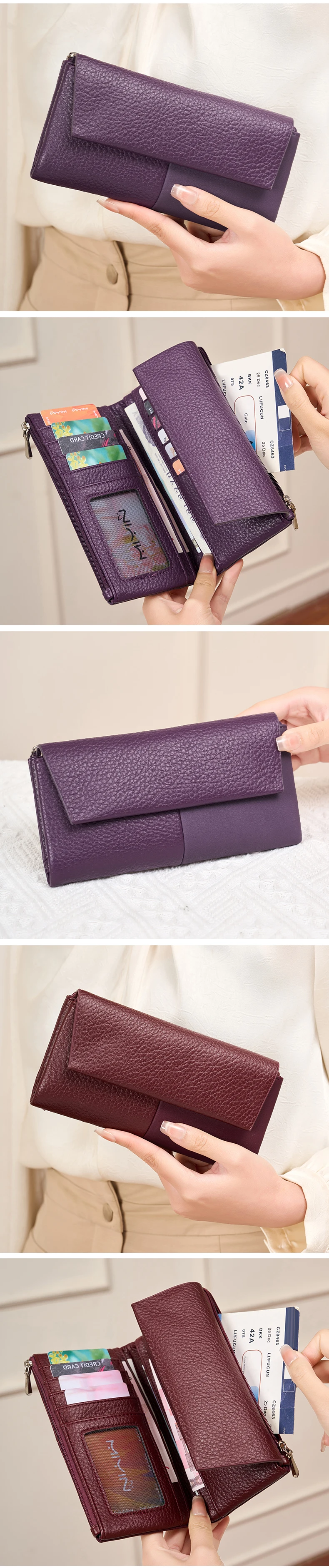 Stylish Women's Wallet Soft PU Leather Long Magnetic Clasp Wallet RFID Multi-Functional Clutch Double Zipper Tri-Fold Coin Purse