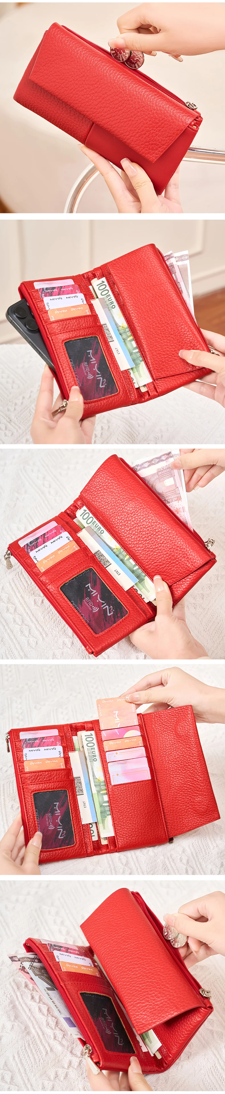 Stylish Women's Wallet Soft PU Leather Long Magnetic Clasp Wallet RFID Multi-Functional Clutch Double Zipper Tri-Fold Coin Purse