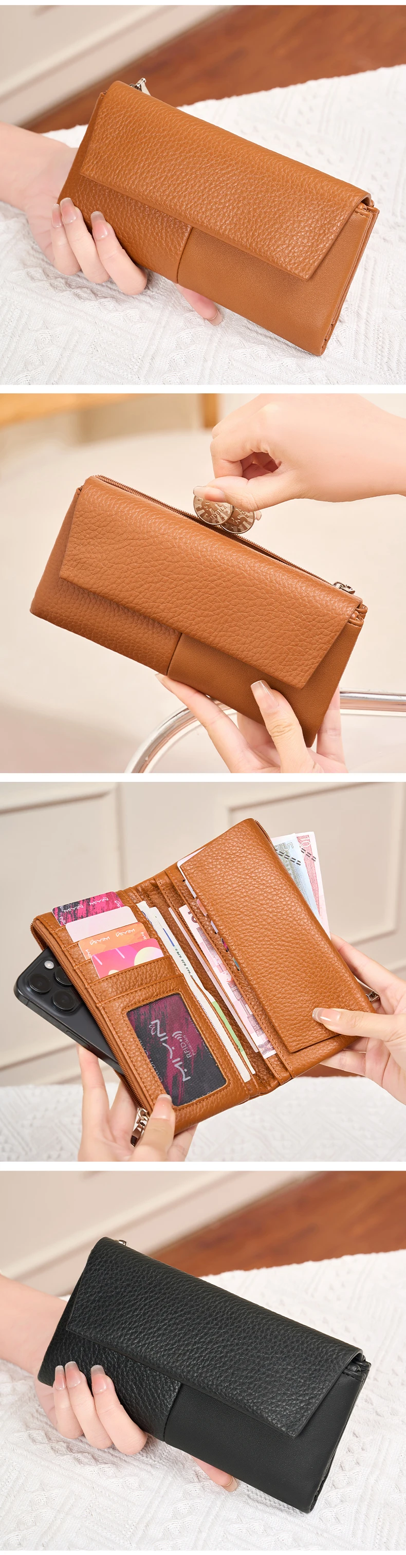 Stylish Women's Wallet Soft PU Leather Long Magnetic Clasp Wallet RFID Multi-Functional Clutch Double Zipper Tri-Fold Coin Purse