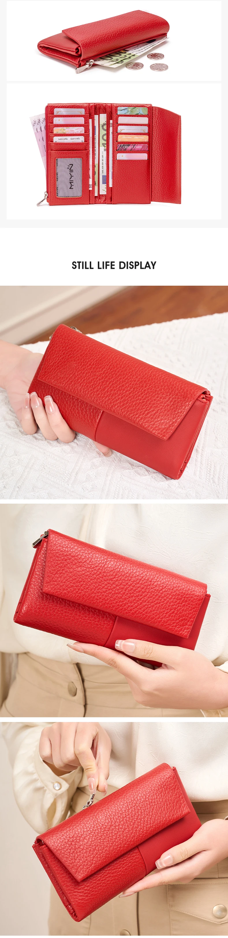 Stylish Women's Wallet Soft PU Leather Long Magnetic Clasp Wallet RFID Multi-Functional Clutch Double Zipper Tri-Fold Coin Purse