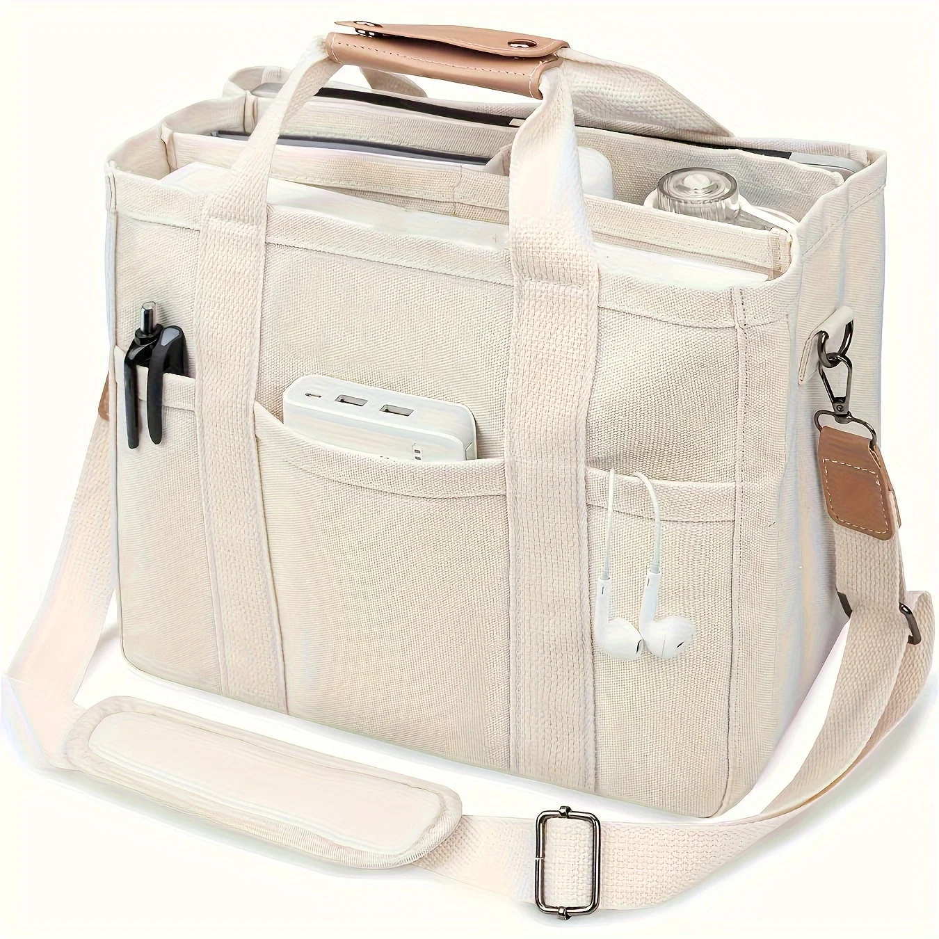 Large Capacity Multi-Pocket Shoulder Bag with Compartments, Multifunctional Tote Bag Design, Sturdy Handle, Beige