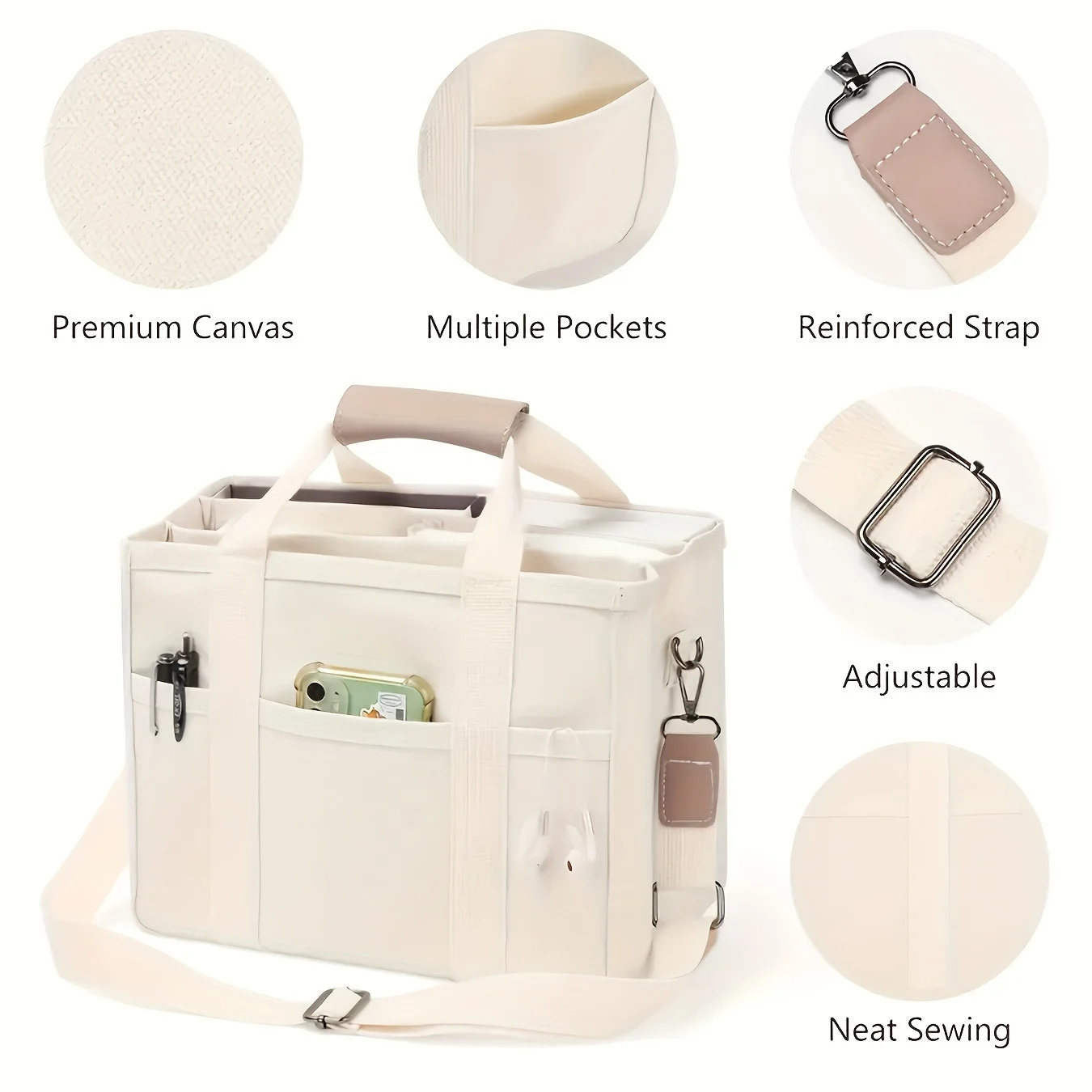 Large Capacity Multi-Pocket Shoulder Bag with Compartments, Multifunctional Tote Bag Design, Sturdy Handle, Beige