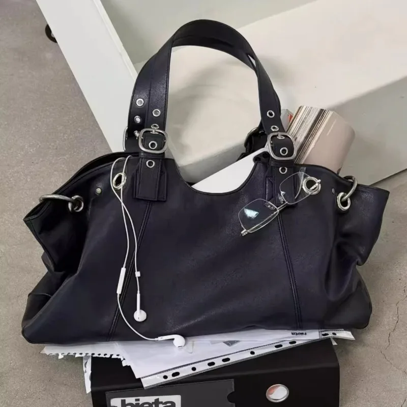 Y2K Cool Girl Motorcycle Bag For Women High-end Sense Korean Large Capacity Tote Bag Fashion Travel Shoulder Bag