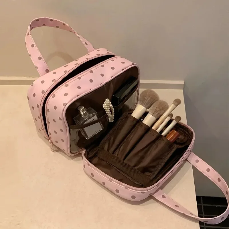 New Handheld Makeup Bag for Women Polka Dot Large Capacity 3-Layer Partition Travel Toiletry Organizer for Skincare Cosmetic Bag