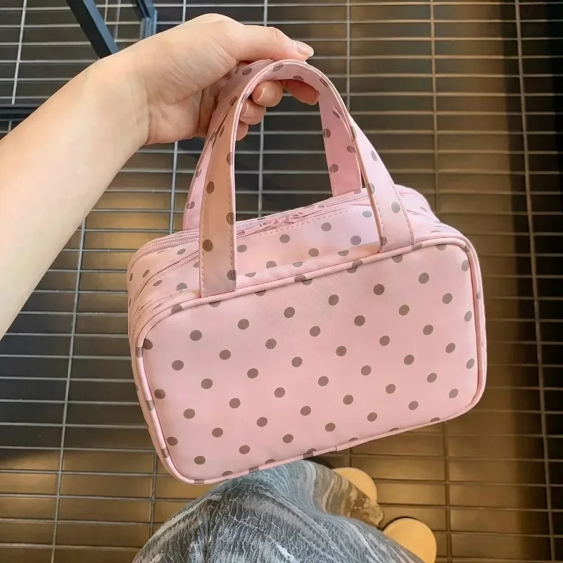 New Handheld Makeup Bag for Women Polka Dot Large Capacity 3-Layer Partition Travel Toiletry Organizer for Skincare Cosmetic Bag