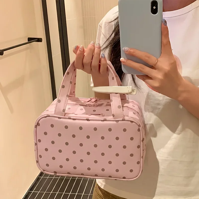 New Handheld Makeup Bag for Women Polka Dot Large Capacity 3-Layer Partition Travel Toiletry Organizer for Skincare Cosmetic Bag