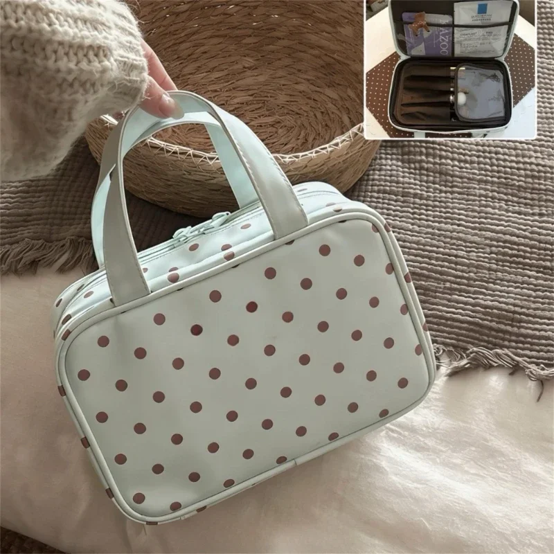 New Handheld Makeup Bag for Women Polka Dot Large Capacity 3-Layer Partition Travel Toiletry Organizer for Skincare Cosmetic Bag