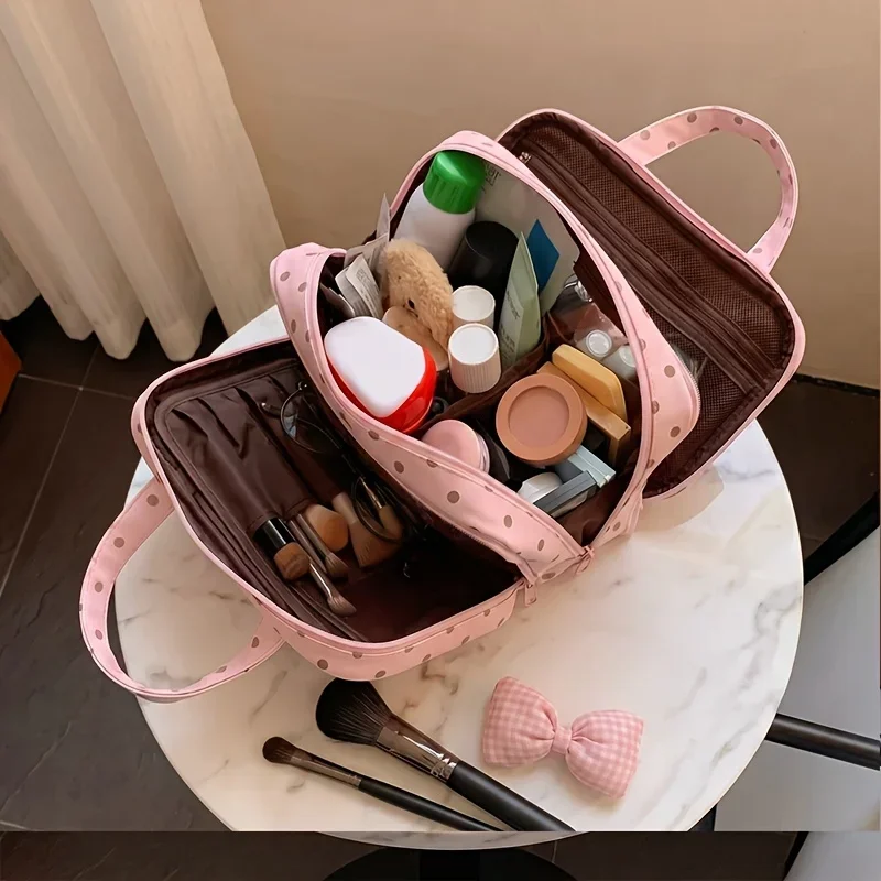 New Handheld Makeup Bag for Women Polka Dot Large Capacity 3-Layer Partition Travel Toiletry Organizer for Skincare Cosmetic Bag