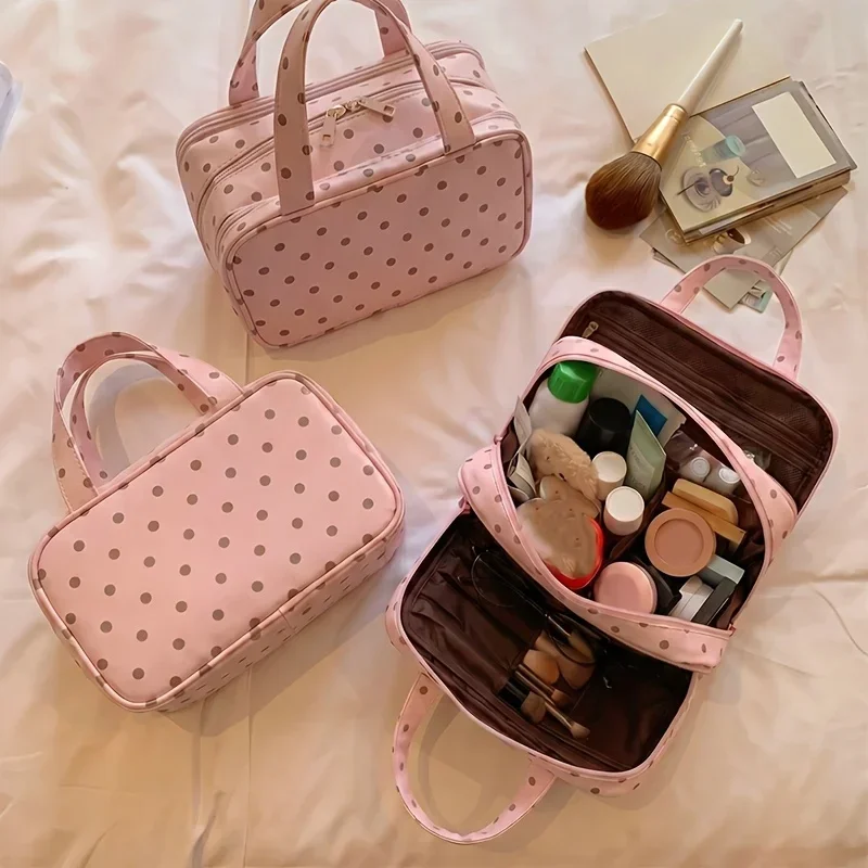 New Handheld Makeup Bag for Women Polka Dot Large Capacity 3-Layer Partition Travel Toiletry Organizer for Skincare Cosmetic Bag