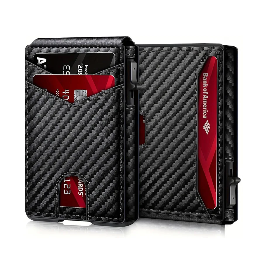 Men Carbon Fiber RFID Blocking Pop Up Wallet, Slim Minimalist Credit Card Holder Multi Slots Portable Business Card Purse