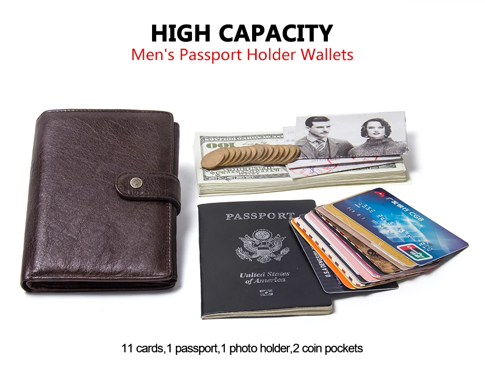 CONTACT'S Top Quality Genuine Cow Leather Wallet Men Hasp Design Short Purse With Passport Photo Holder For Male Clutch Wallets