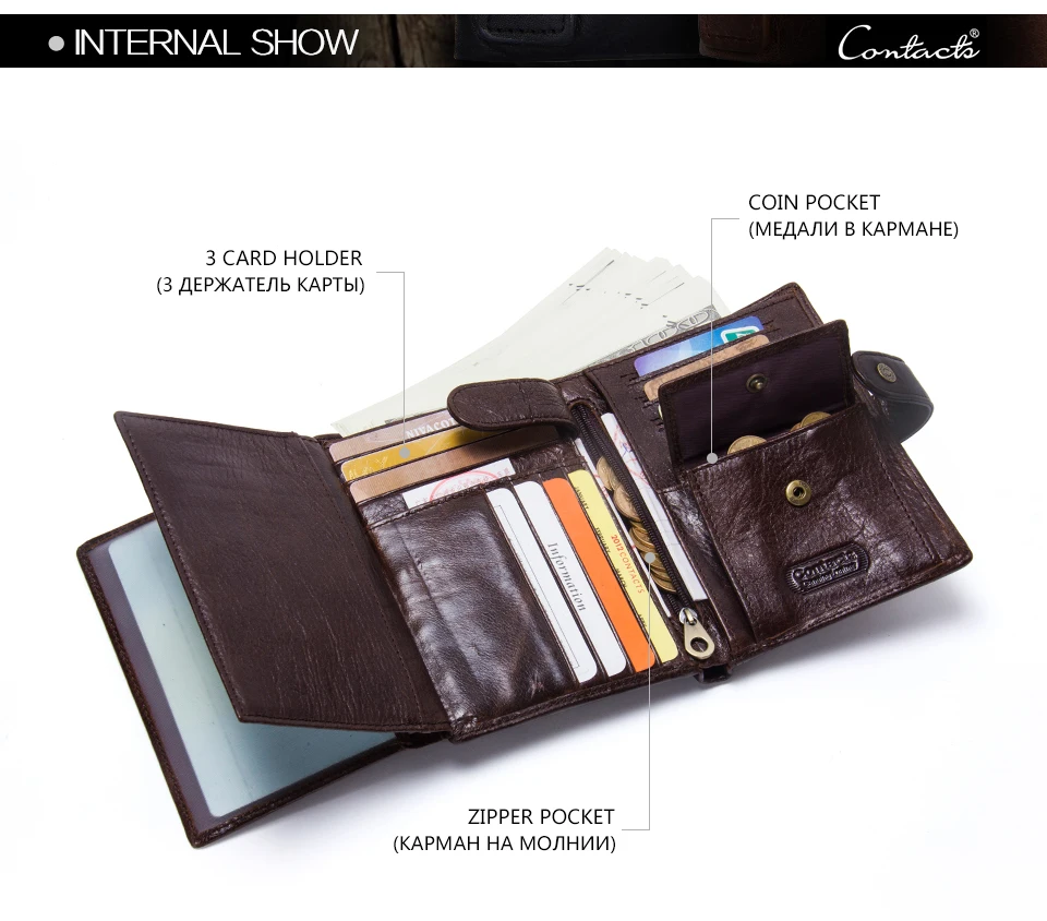 CONTACT'S Top Quality Genuine Cow Leather Wallet Men Hasp Design Short Purse With Passport Photo Holder For Male Clutch Wallets