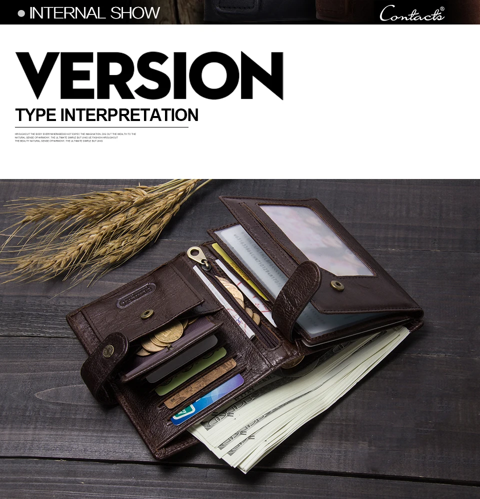 CONTACT'S Top Quality Genuine Cow Leather Wallet Men Hasp Design Short Purse With Passport Photo Holder For Male Clutch Wallets
