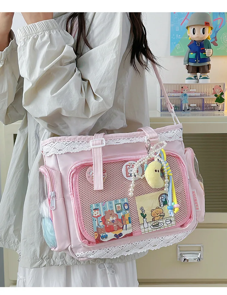 College Style Girl Crossbody Bags Transparent Pocket Solid Color Itabag Large Capacity Shoulder Lace Cotton Dolls Daily Outfit
