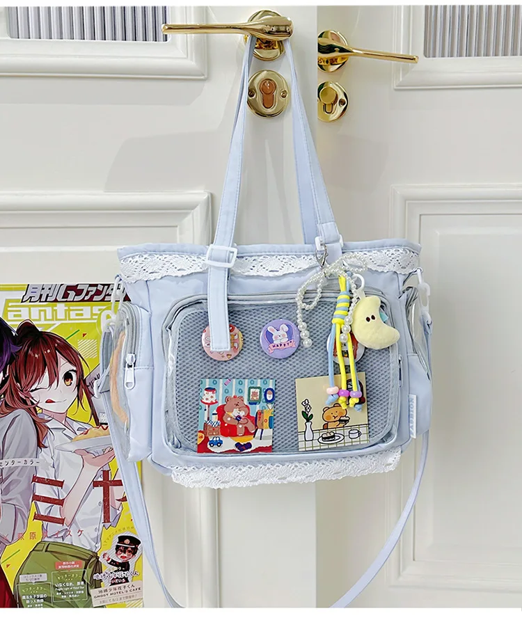 College Style Girl Crossbody Bags Transparent Pocket Solid Color Itabag Large Capacity Shoulder Lace Cotton Dolls Daily Outfit