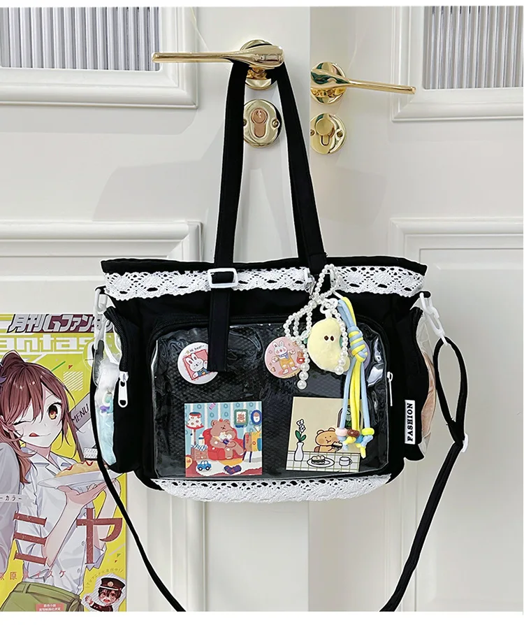 College Style Girl Crossbody Bags Transparent Pocket Solid Color Itabag Large Capacity Shoulder Lace Cotton Dolls Daily Outfit