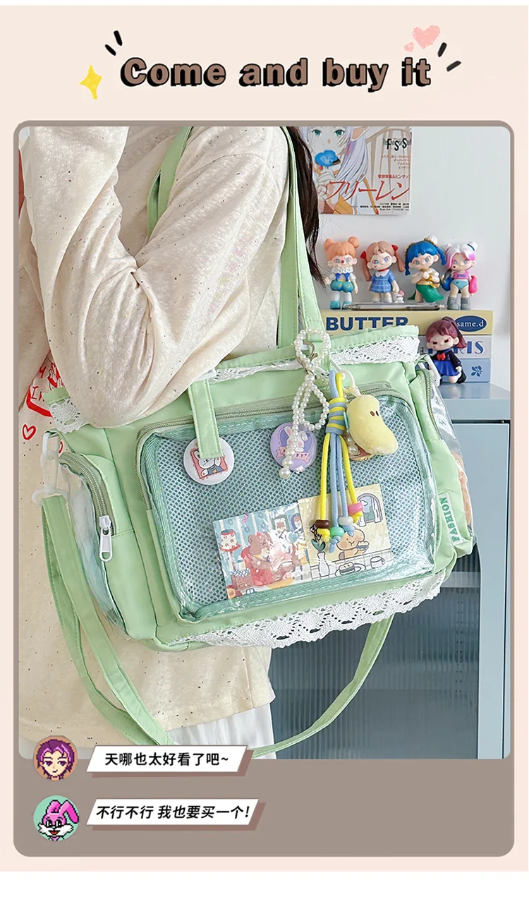 College Style Girl Crossbody Bags Transparent Pocket Solid Color Itabag Large Capacity Shoulder Lace Cotton Dolls Daily Outfit