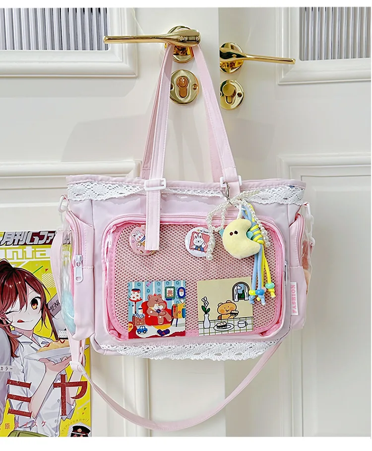 College Style Girl Crossbody Bags Transparent Pocket Solid Color Itabag Large Capacity Shoulder Lace Cotton Dolls Daily Outfit