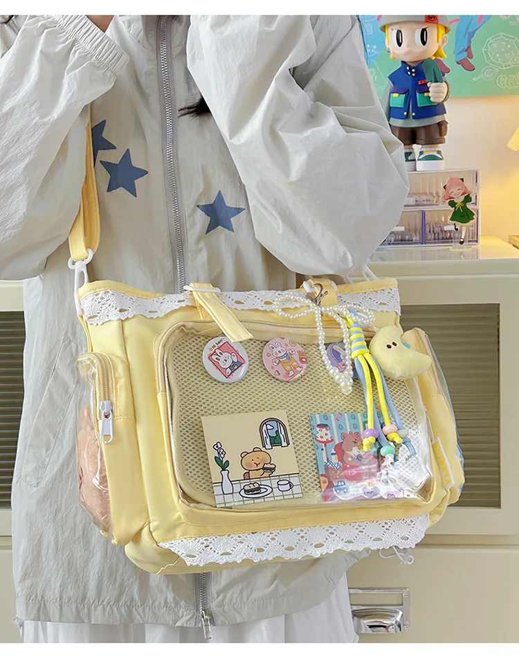 College Style Girl Crossbody Bags Transparent Pocket Solid Color Itabag Large Capacity Shoulder Lace Cotton Dolls Daily Outfit