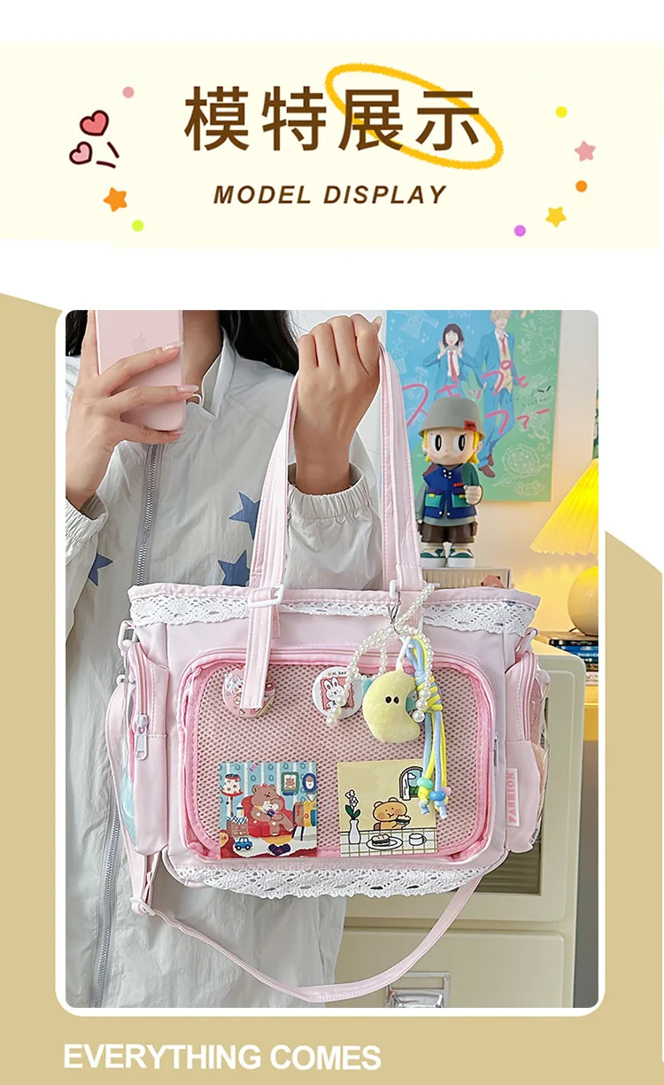 College Style Girl Crossbody Bags Transparent Pocket Solid Color Itabag Large Capacity Shoulder Lace Cotton Dolls Daily Outfit