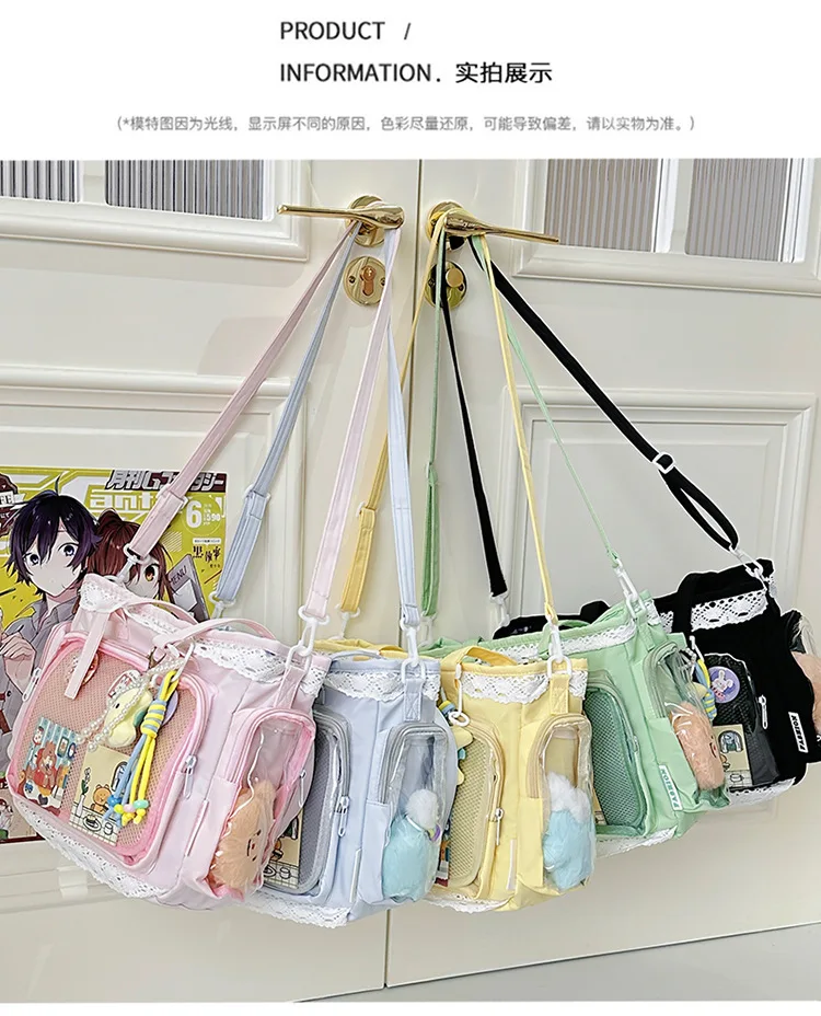 College Style Girl Crossbody Bags Transparent Pocket Solid Color Itabag Large Capacity Shoulder Lace Cotton Dolls Daily Outfit