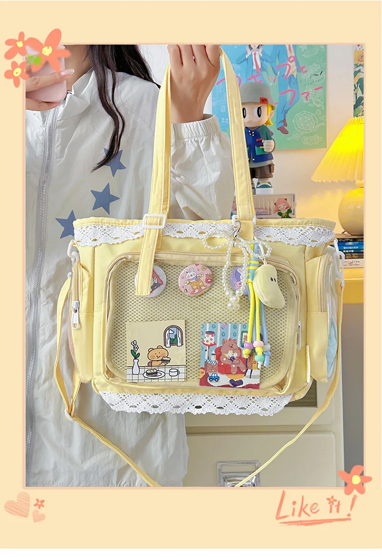 College Style Girl Crossbody Bags Transparent Pocket Solid Color Itabag Large Capacity Shoulder Lace Cotton Dolls Daily Outfit