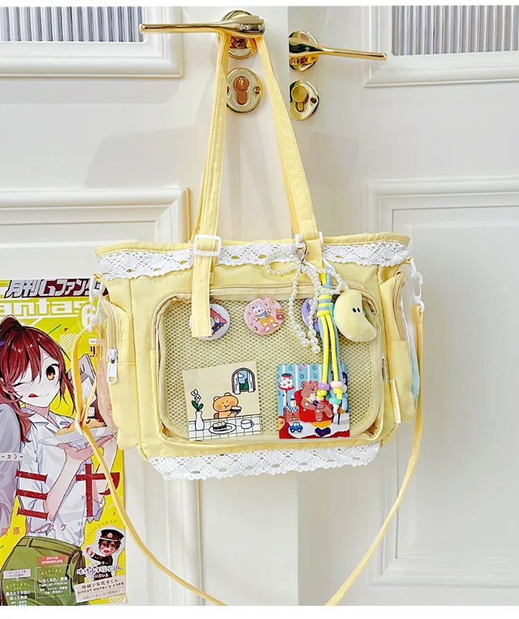 College Style Girl Crossbody Bags Transparent Pocket Solid Color Itabag Large Capacity Shoulder Lace Cotton Dolls Daily Outfit