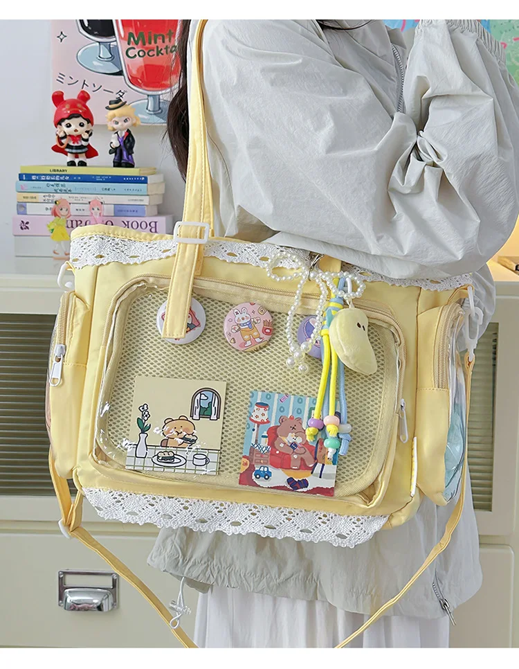 College Style Girl Crossbody Bags Transparent Pocket Solid Color Itabag Large Capacity Shoulder Lace Cotton Dolls Daily Outfit