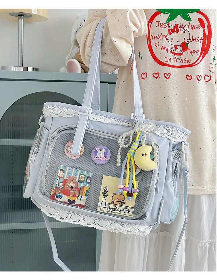 College Style Girl Crossbody Bags Transparent Pocket Solid Color Itabag Large Capacity Shoulder Lace Cotton Dolls Daily Outfit