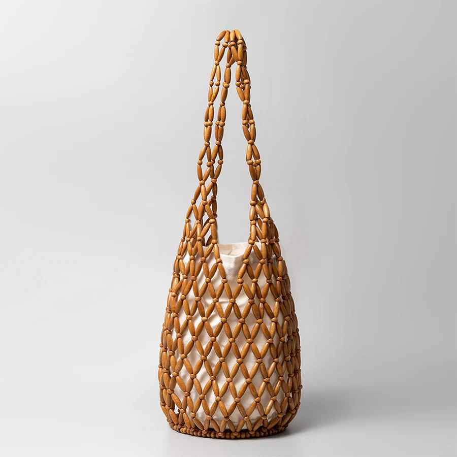 Women Woven Hand Bag Summer Design Hollow-Out Wooden Bead Tote Bucket Shoulder Bag Female Reticulate Netted Canvas Beach Handbag
