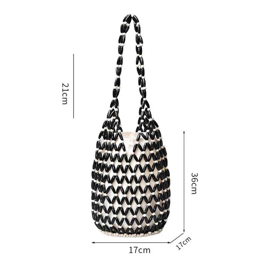 Women Woven Hand Bag Summer Design Hollow-Out Wooden Bead Tote Bucket Shoulder Bag Female Reticulate Netted Canvas Beach Handbag
