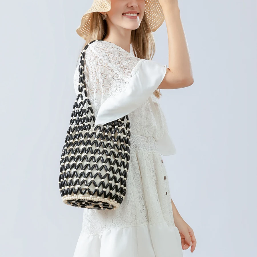 Women Woven Hand Bag Summer Design Hollow-Out Wooden Bead Tote Bucket Shoulder Bag Female Reticulate Netted Canvas Beach Handbag