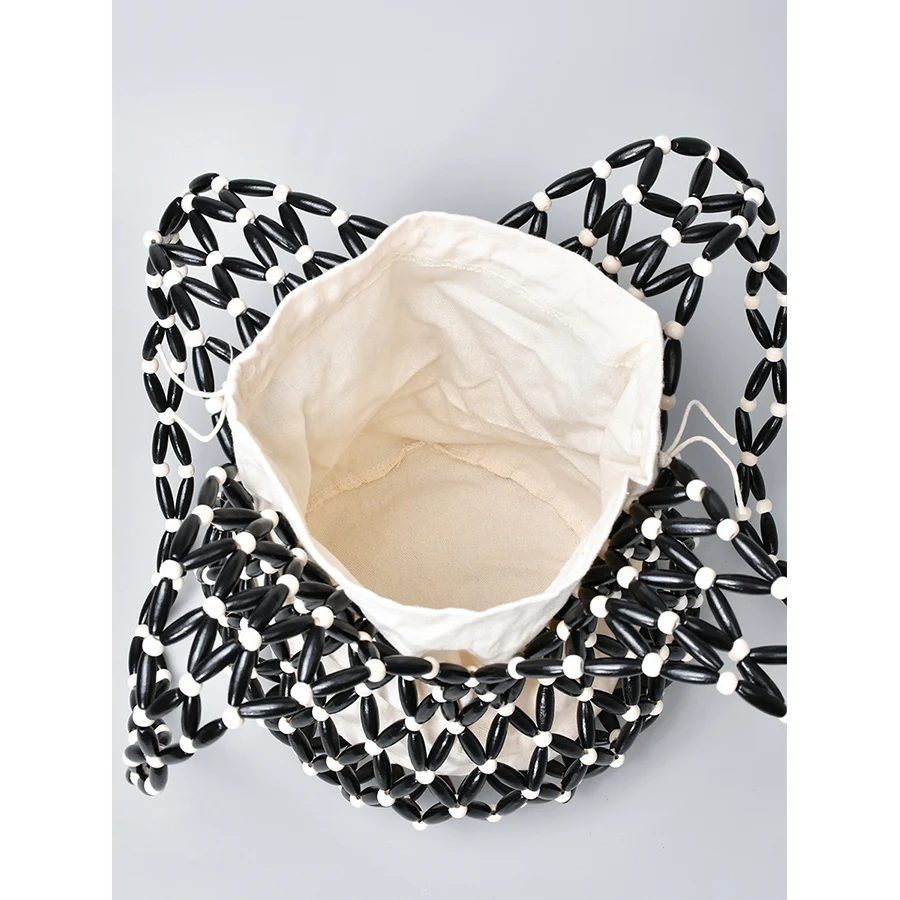 Women Woven Hand Bag Summer Design Hollow-Out Wooden Bead Tote Bucket Shoulder Bag Female Reticulate Netted Canvas Beach Handbag