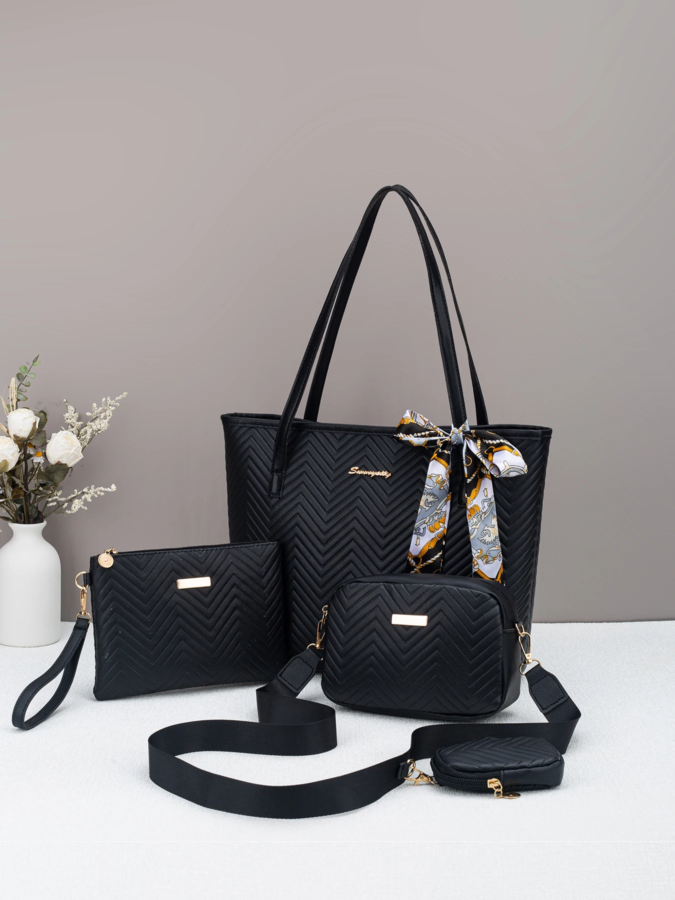 Wave pattern daily commuting large capacity tote bag handbag four piece set fashion trend personality change camera bag