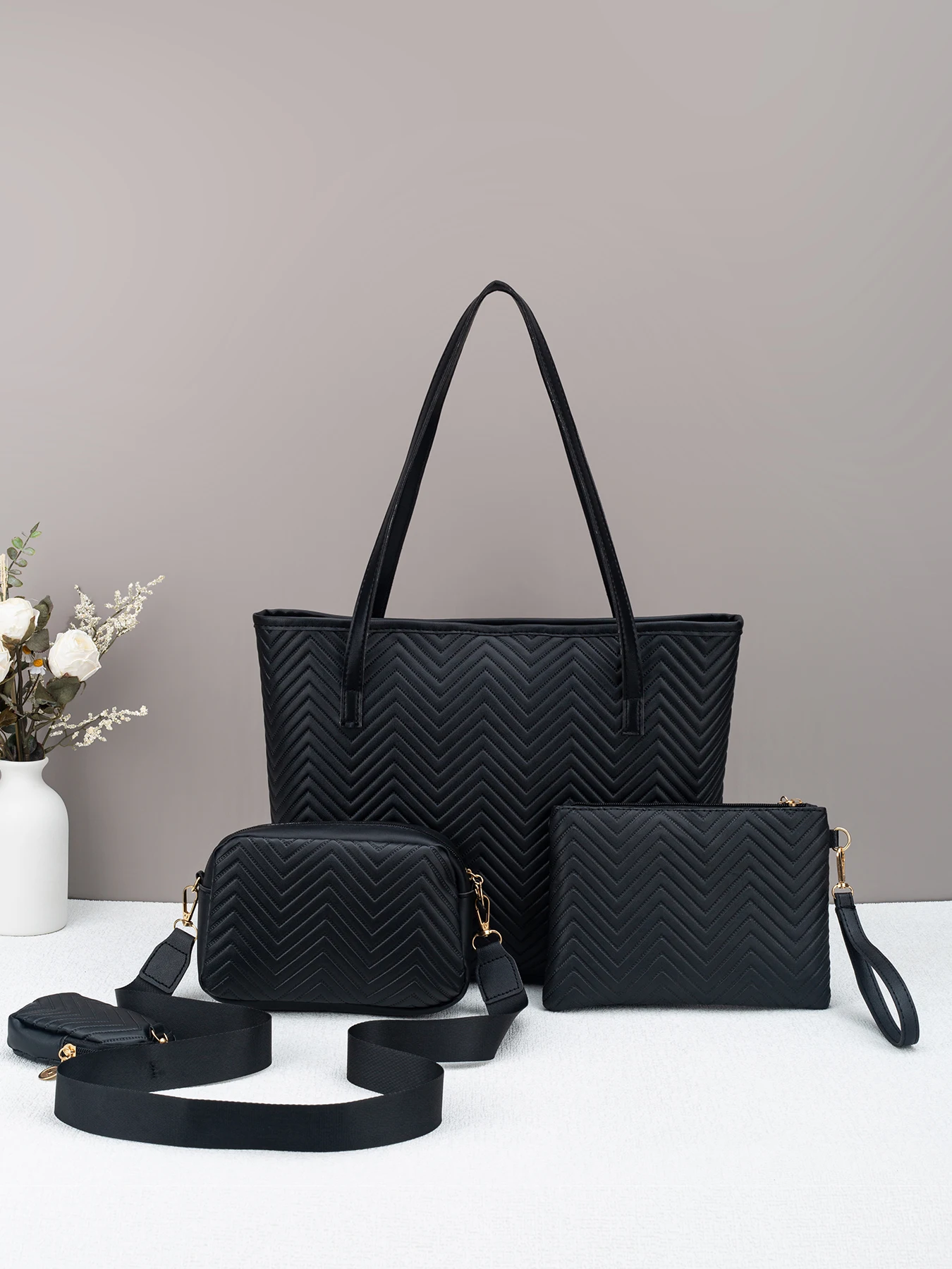 Wave pattern daily commuting large capacity tote bag handbag four piece set fashion trend personality change camera bag