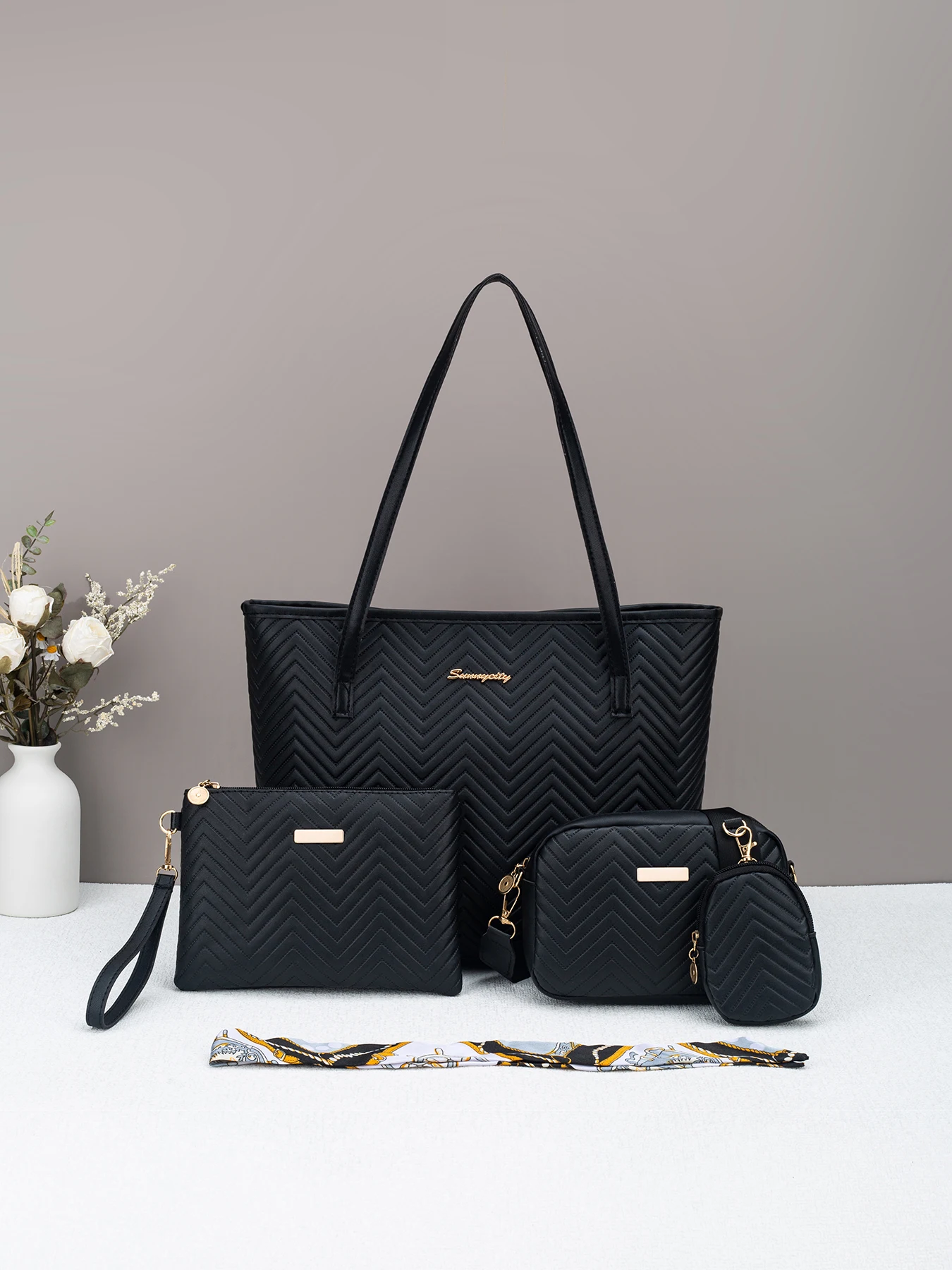 Wave pattern daily commuting large capacity tote bag handbag four piece set fashion trend personality change camera bag