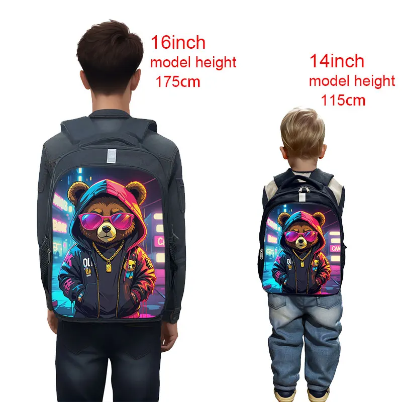 14/16inch Kawaii Graffiti Bear Print Backpack for 3-18 Years Old Hip Hop Children Kids School Bags Teenager Travel Daypack Gift