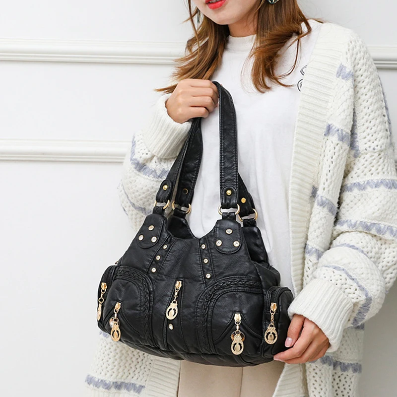 Yogodlns Vintage Soft PU Leather Shoulder Bag Women Large Capacity Handbag Fashion Crossbody Bag Stitching Color Handle Bag sac