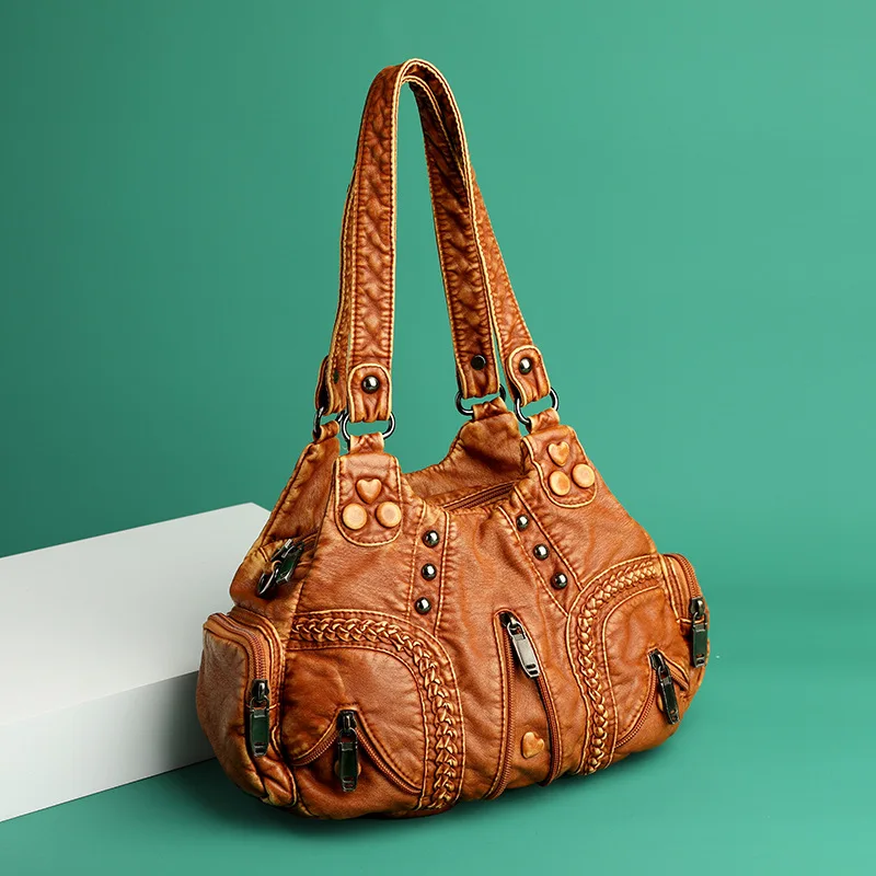 Yogodlns Vintage Soft PU Leather Shoulder Bag Women Large Capacity Handbag Fashion Crossbody Bag Stitching Color Handle Bag sac