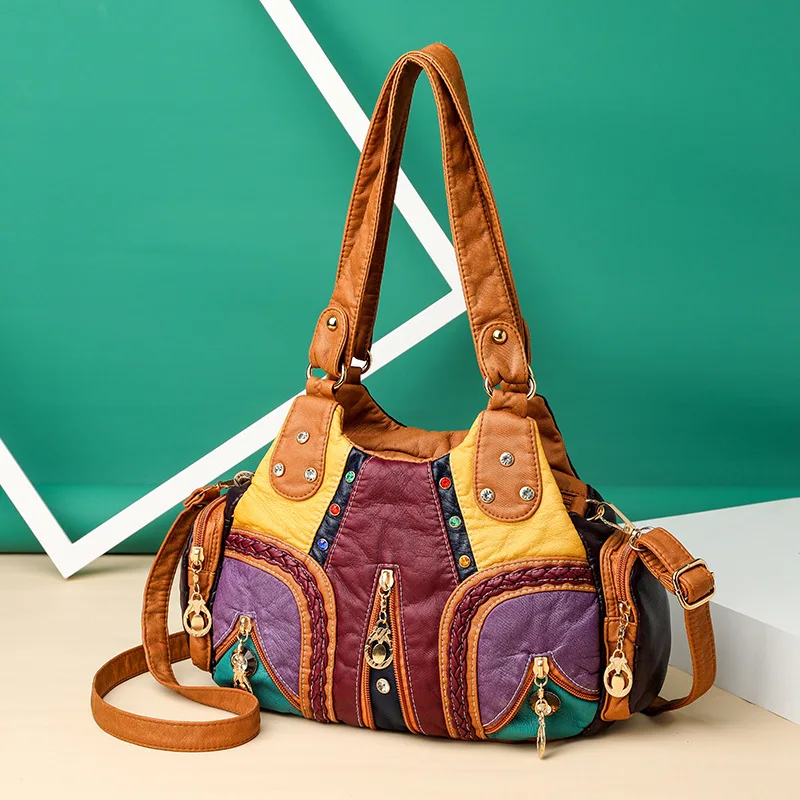 Yogodlns Vintage Soft PU Leather Shoulder Bag Women Large Capacity Handbag Fashion Crossbody Bag Stitching Color Handle Bag sac