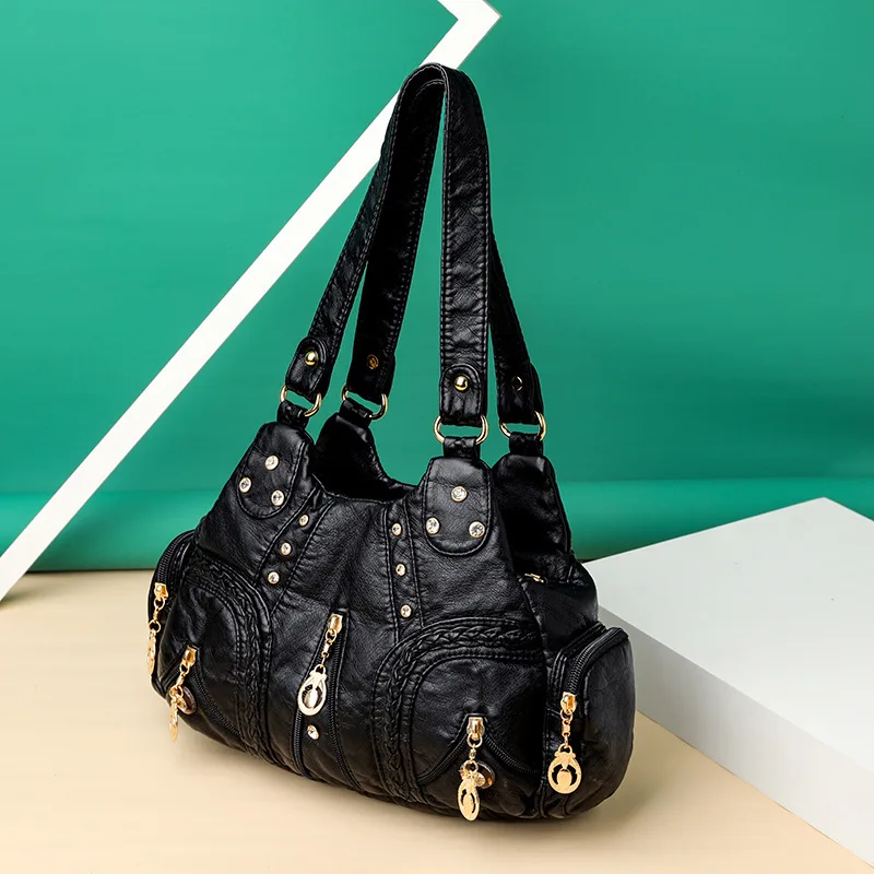 Yogodlns Vintage Soft PU Leather Shoulder Bag Women Large Capacity Handbag Fashion Crossbody Bag Stitching Color Handle Bag sac