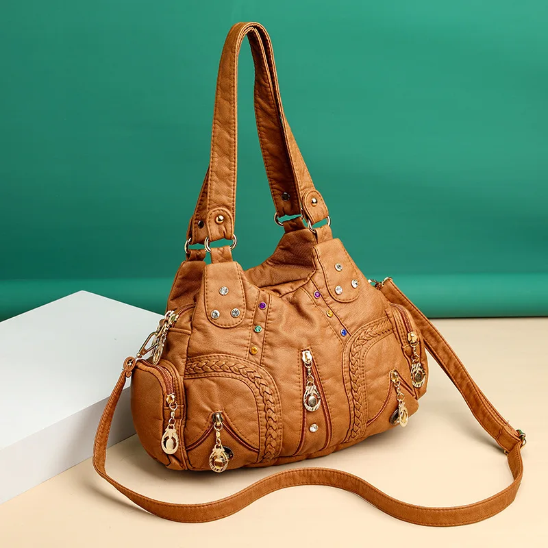 Yogodlns Vintage Soft PU Leather Shoulder Bag Women Large Capacity Handbag Fashion Crossbody Bag Stitching Color Handle Bag sac